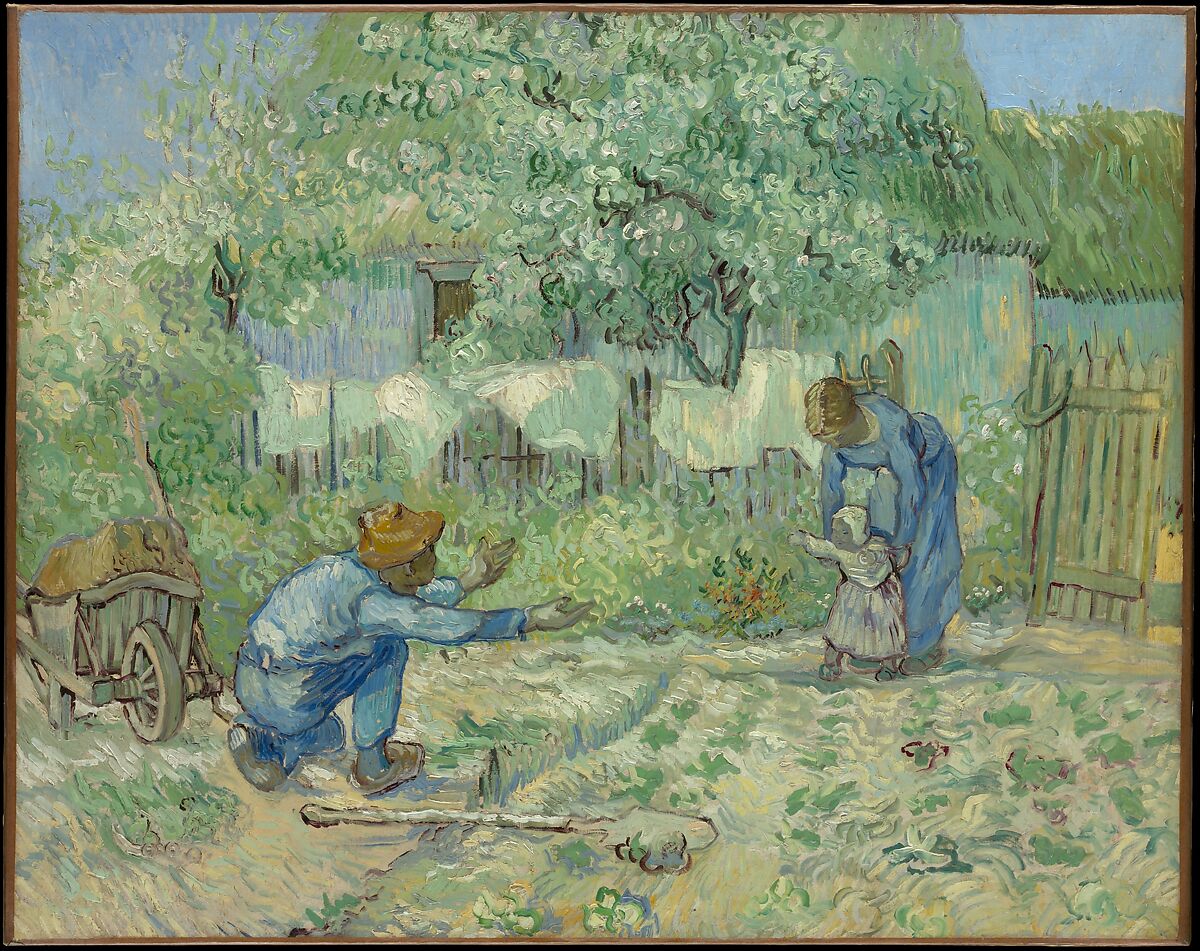 Blue-clothed figures surround a child taking a step in a green garden, with a wheelbarrow at left and a fence behind. Short painted strokes cover the scene.