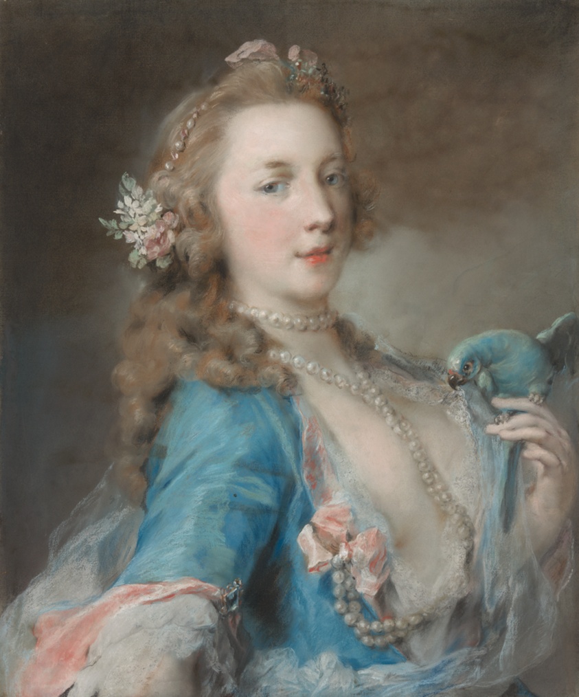 A pastel drawing of woman in blue and pink dress with blue parrot.
