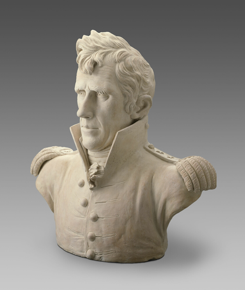 Cream-colored bust of General Andrew Jackson in his military uniform.
