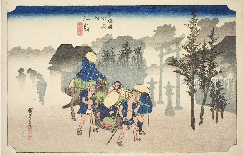 A group of light-skinned people accompanied by a horse and rider carry a palanquin, or box on two poles used to transport a person. A silhouetted backdrop of huts and trees in black and gray contrasts with the colored figures.