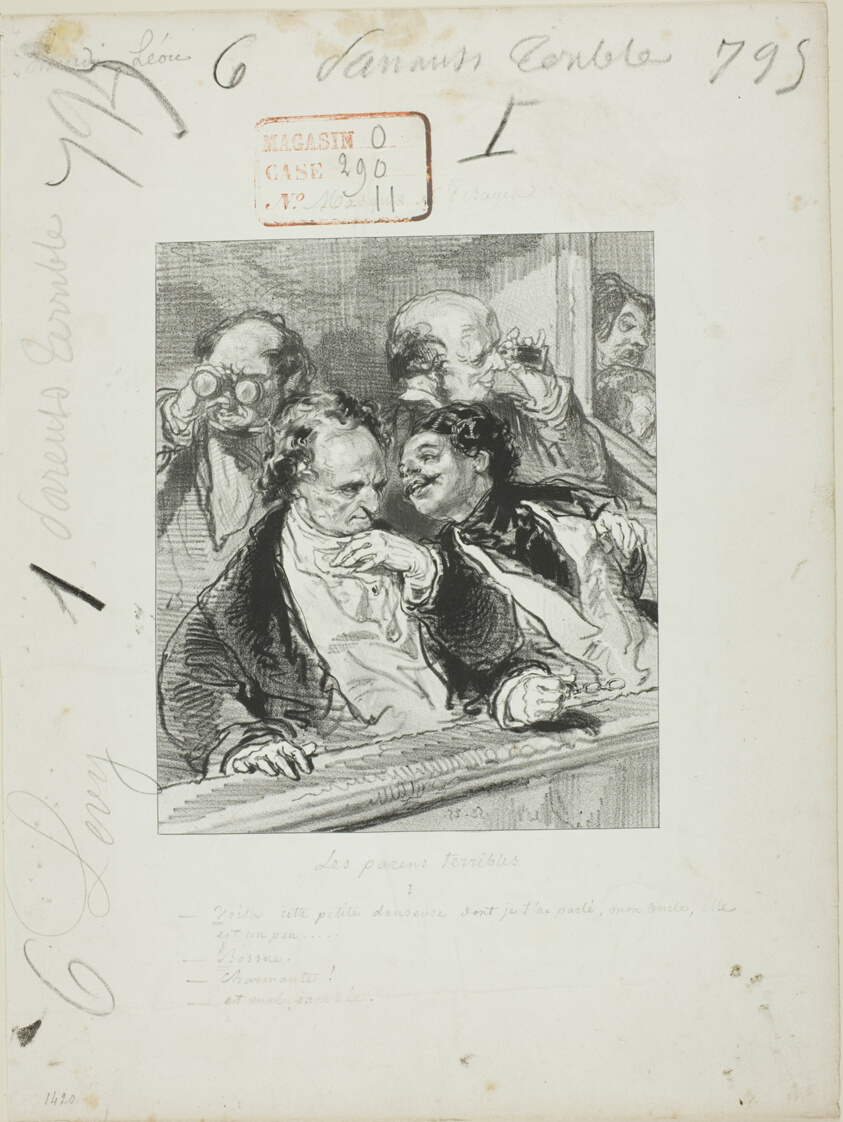 Print of four men seated, possibly in an opera box. Two chat while the others look out through small optical devices.