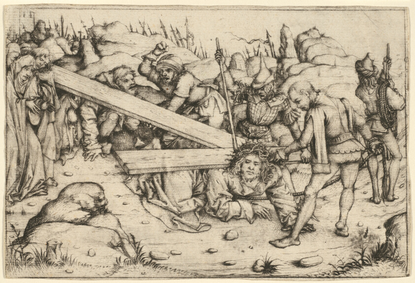 Drawing of Jesus Christ carrying cross, soldier jabbing with staff, crowd following.