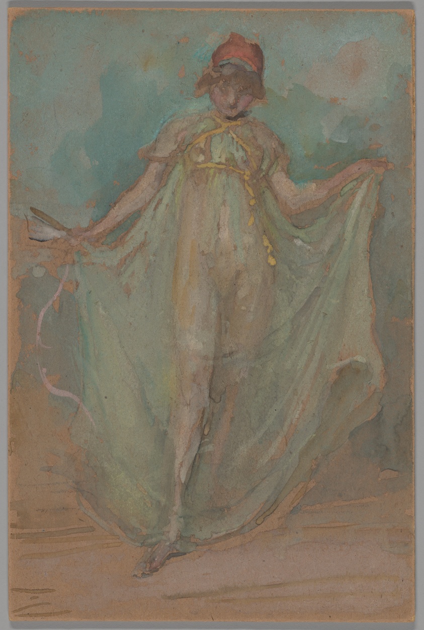 Pale watercolor drawing of young dancer in long sheer dress.