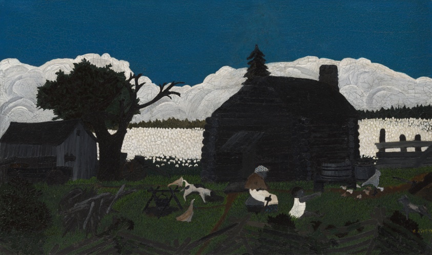 Painting of a cabin set below a dark blue sky and fluffy white clouds. Behind it is a field of many small white dots. In front, a dark-skinned woman sits and a dark-skinned child plays among roaming chickens and dogs in a fenced-in yard.