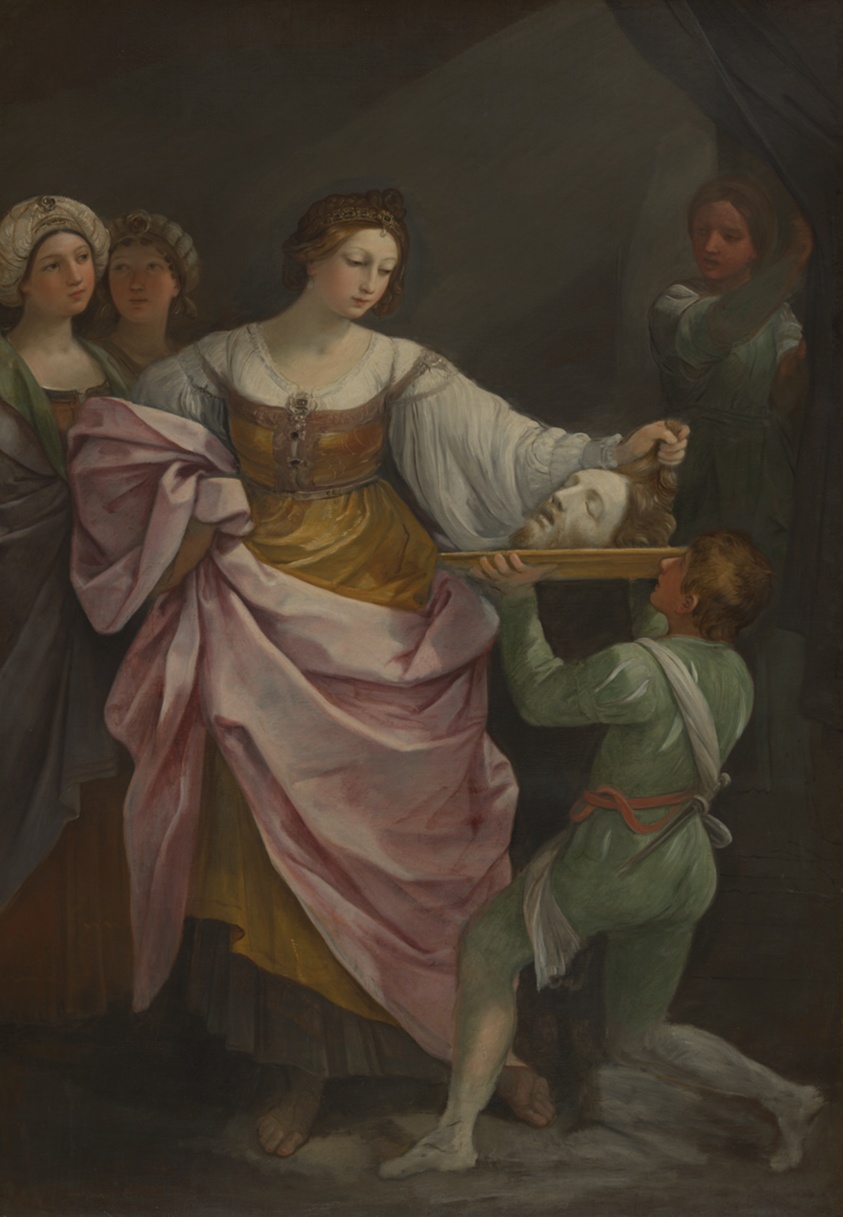 Large painting of woman, in gold and pink dress, placing severed head on platter.