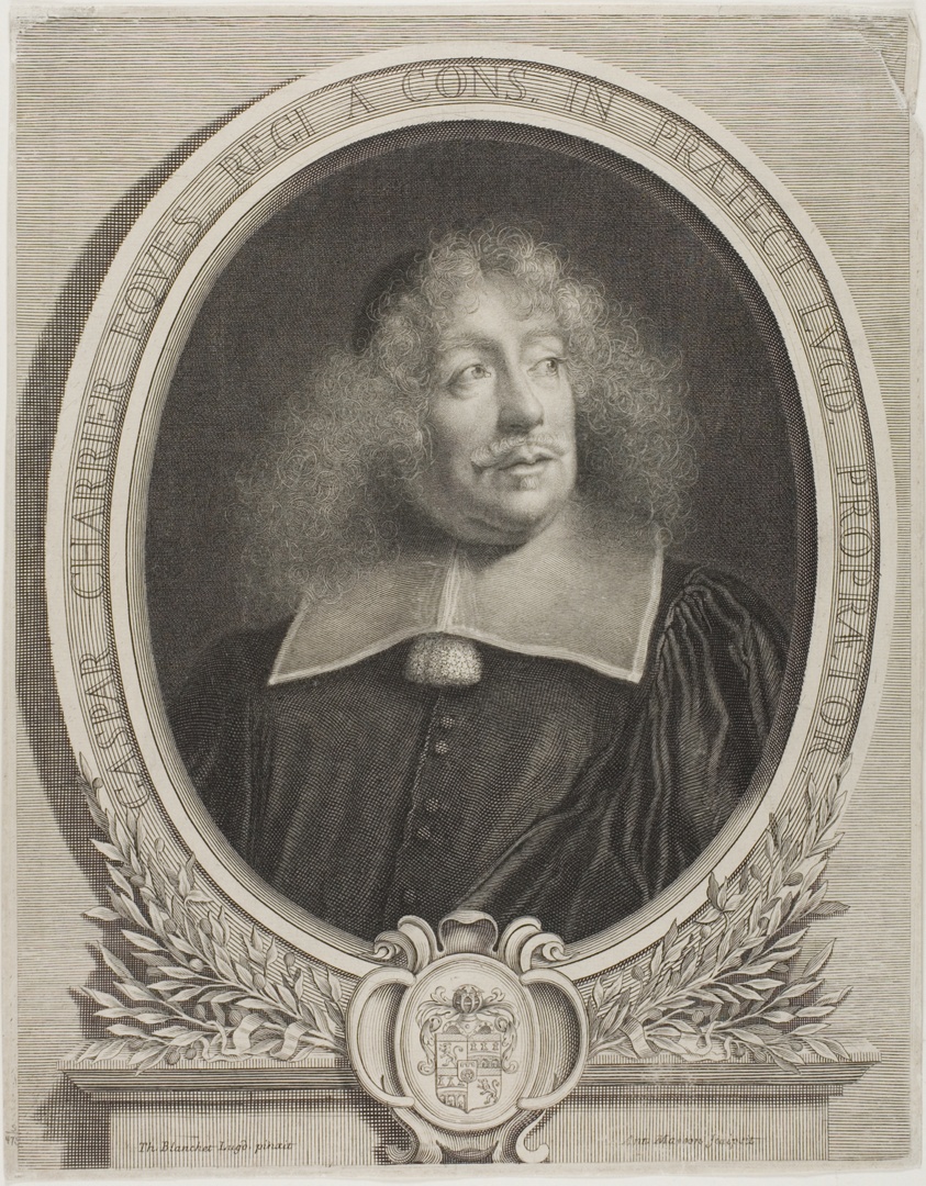 Engraving of a man with curly, shoulder-length hair and moustache, wearing a loose-fitting tunic with a large square collar.