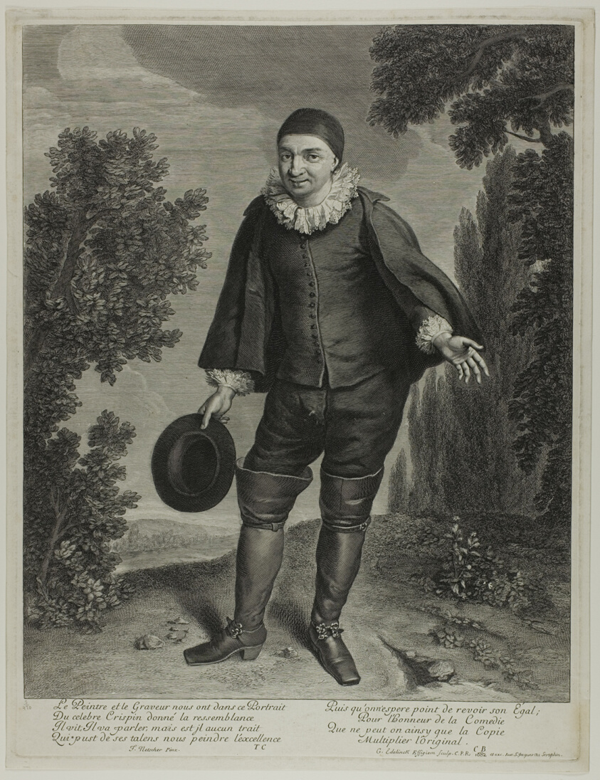 Engraved print in black ink of a man standing, dressed in 17th-century clothing that includes a cape, a ruffled collar, and boots up to his knees, in a country setting. Though he holds his hat in his hand, he wears a tight cap.