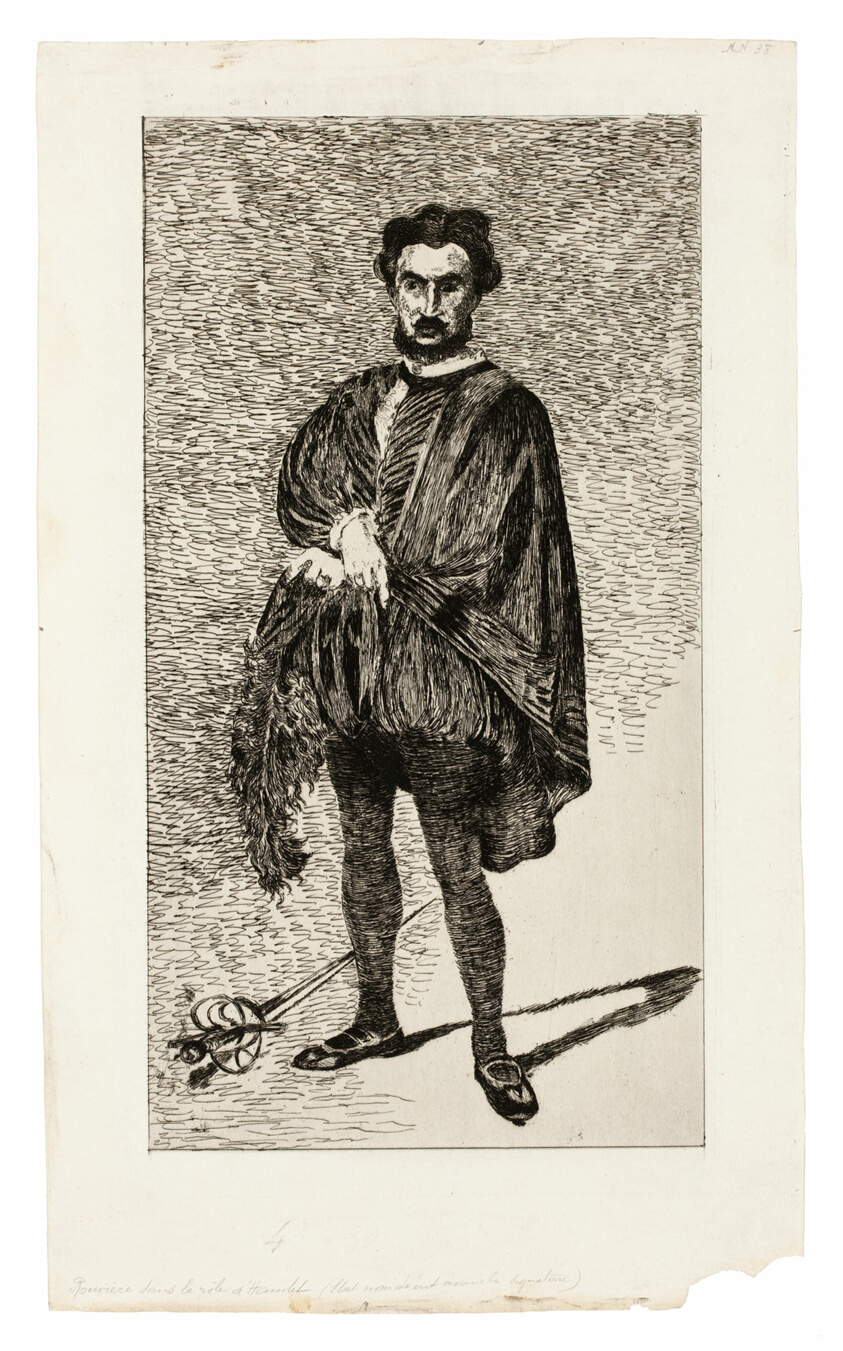 Black print on cream paper of a bearded man standing at center, dressed in a large cloak and tights, a sword at his feet.