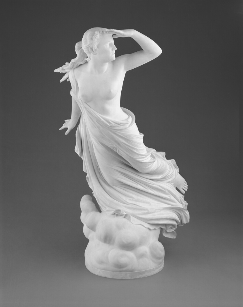 Marble sculpture of a partially clothed young woman on clouds looking to her left, her hand raised to her forehead.