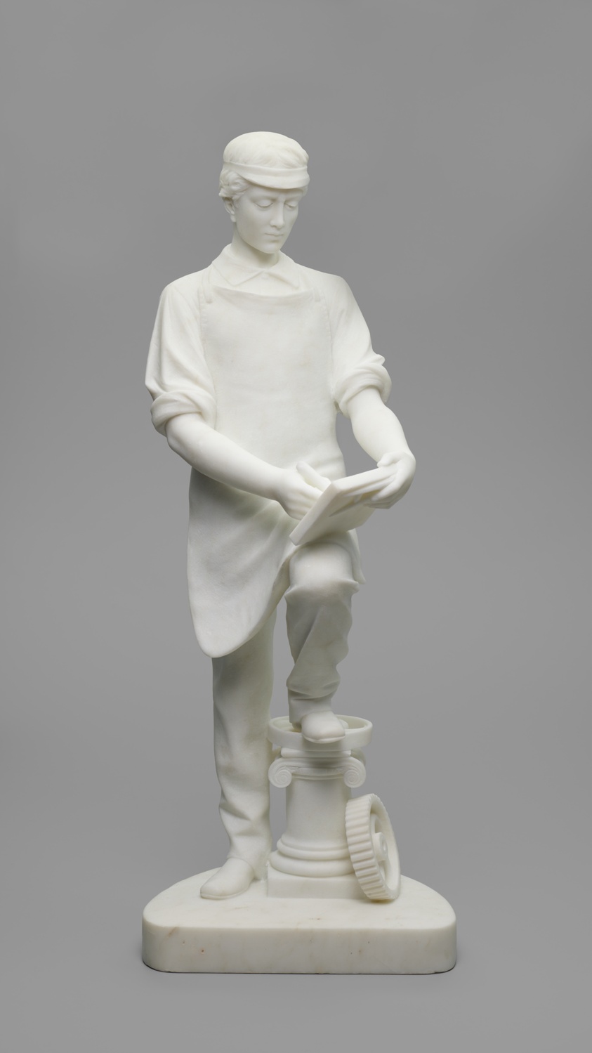 White marble statue of machinist assistant with sketchbook and cogs.