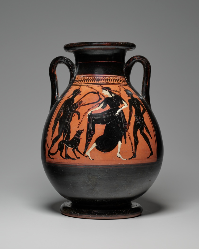 A work made of terracotta, black-figure with applied paint.