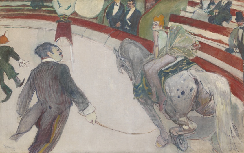 Painting of a performance inside a circus ring. A man wearing a suit holds a whip in his hand and looks towards a woman with red hair riding a gray horse and wearing a green dress. Audience members wearing suits and top hats watch from red and white benches on the side.