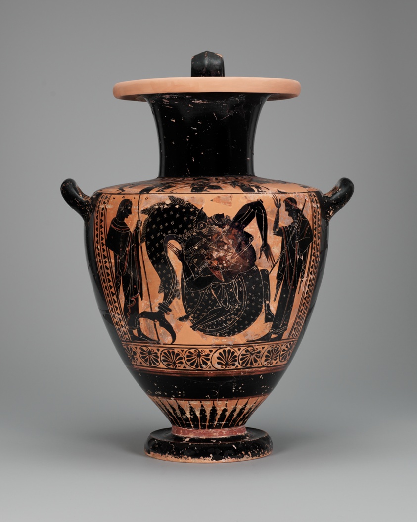 A terracotta jar, wider at the top with a narrow neck and small handles, decorated in black, featuring human figures against red. One wrestles at center with a merman, creating a mass of tangled limbs, the creature's tail dominating the left portion of the scene.