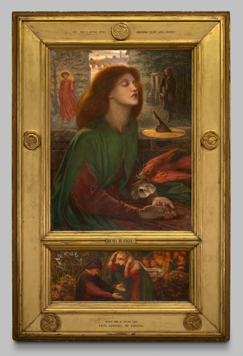 Serene red-haired woman, framed with allegorical symbols of red bird, sundial.