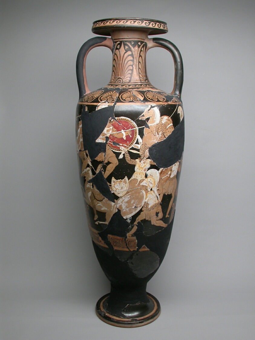 Terracotta vessel with a narrow neck and small, curved handles, areas of black indicating lost portions of a battle scene.