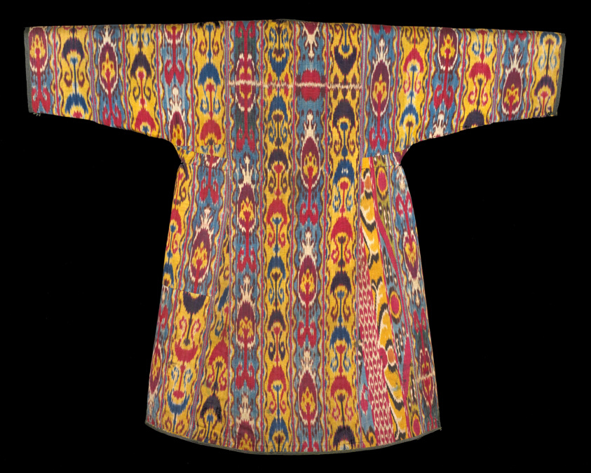 Robe with vertical bands of yellow, blue, and red abstract designs.