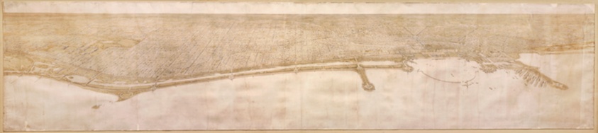 A sepia-toned aerial perspective drawing of Chicago's lakefront and the city behind it.