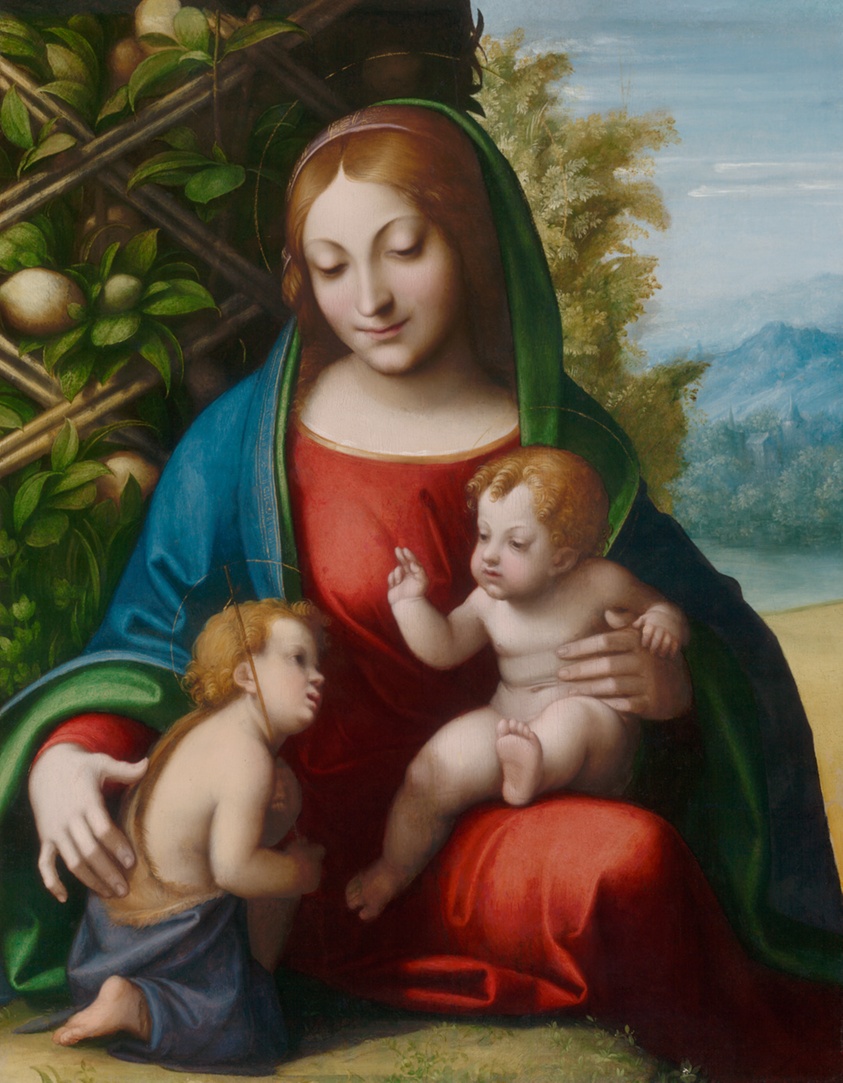 Vividly colored painting of Virgin Mary with baby Jesus and baby John the Baptist.