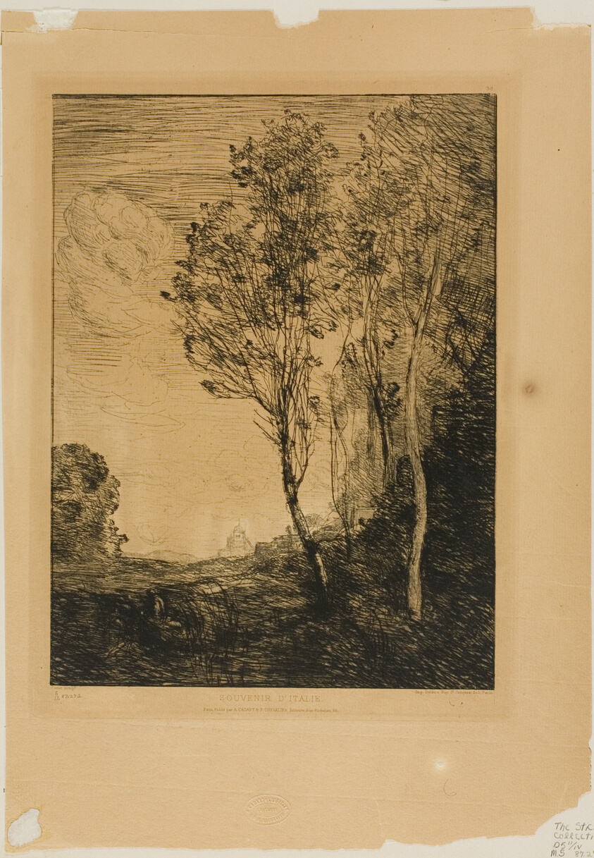 A work made of etching on tan laid paper.