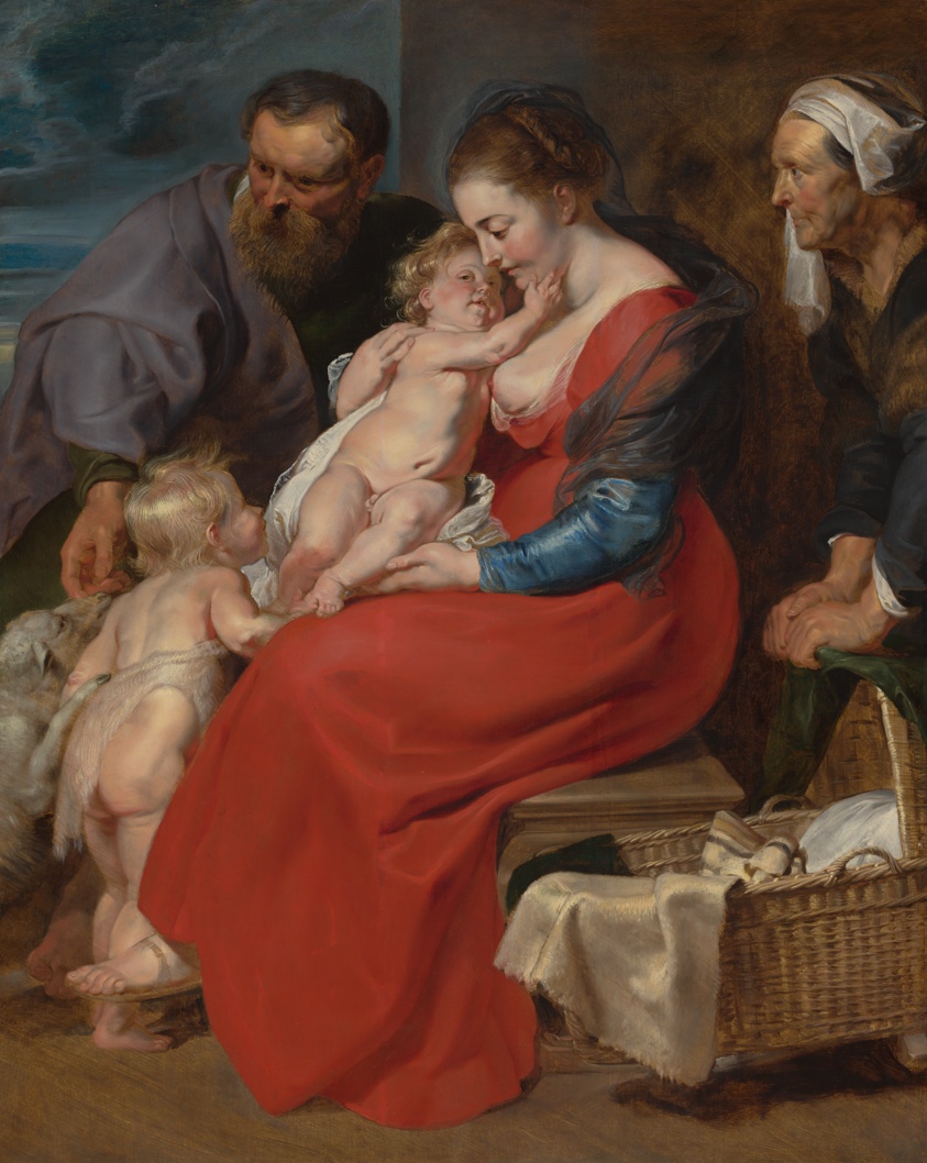 Large painting of Holy Family: Mary in red, holding baby Jesus.