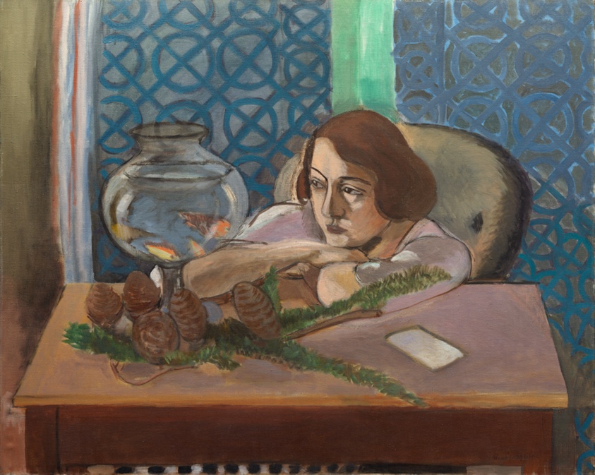 Painting of woman, arms crossed on brown desk, staring at goldfish.