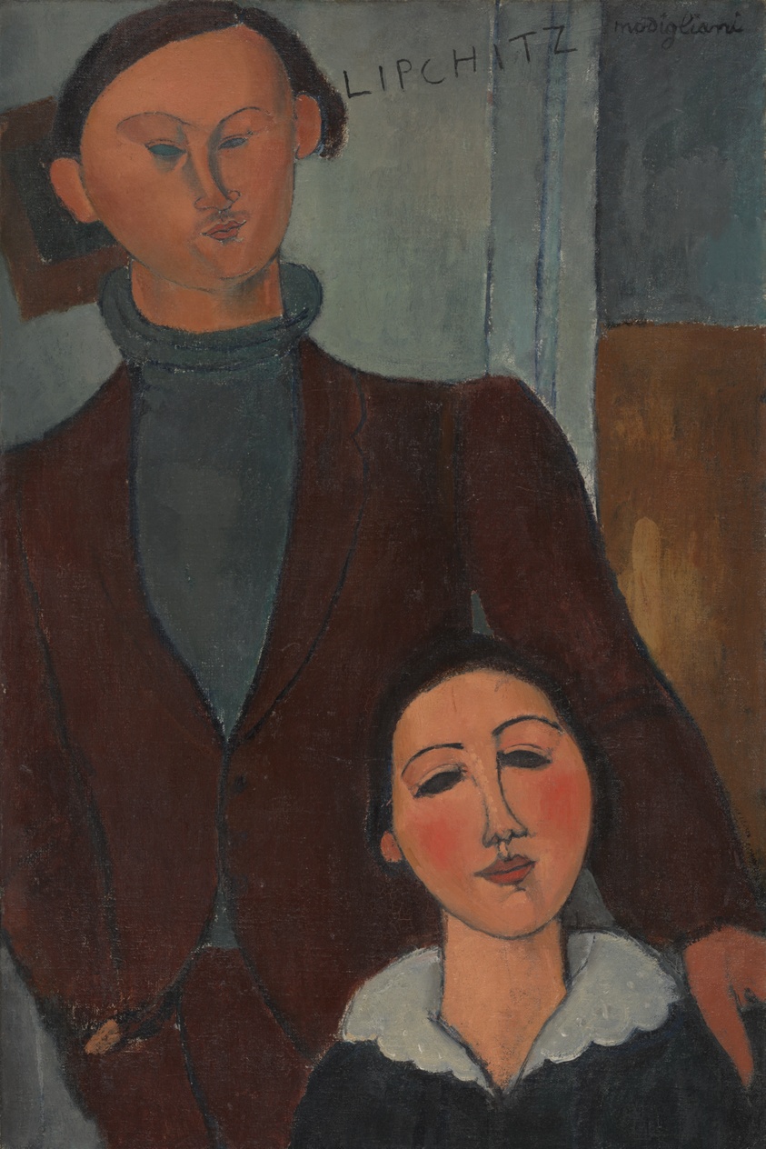 Large painting, standing man blue turtleneck, sitting woman with white collar.