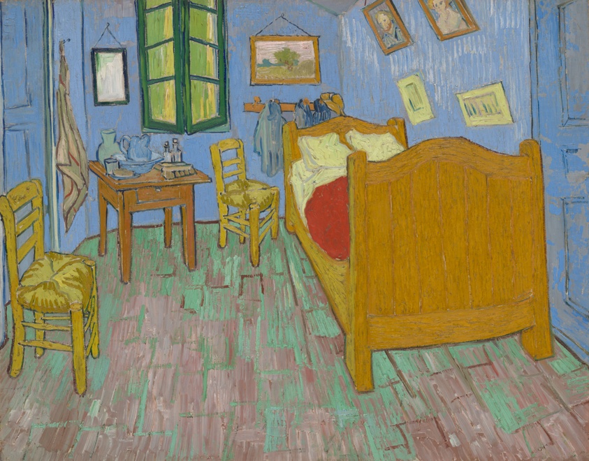 Painting of bedroom, blue walls, green window, tan bed, red bedding.