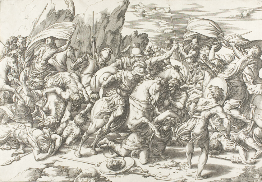 Etching of a dense group of plume-helmeted soldiers on foot and horseback engaged in battle.