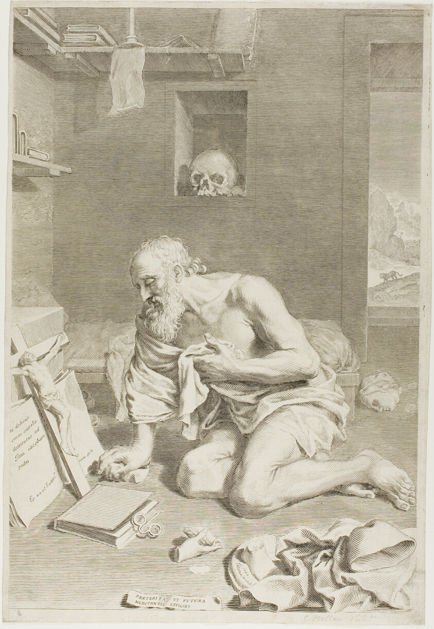 Engraving of an old man seated on the floor of a modest room, nude but for a cloth draped around his shoulder and hip, hand on his heart. He looks at an open book and a small crucifix and a skull symbolizing his mortality is set into the wall behind him.