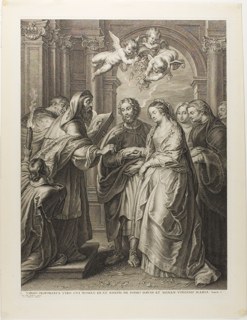 Engraving of a religious marriage featuring many figures, an older man placing a ring on a woman's finger and three cupids overhead.
