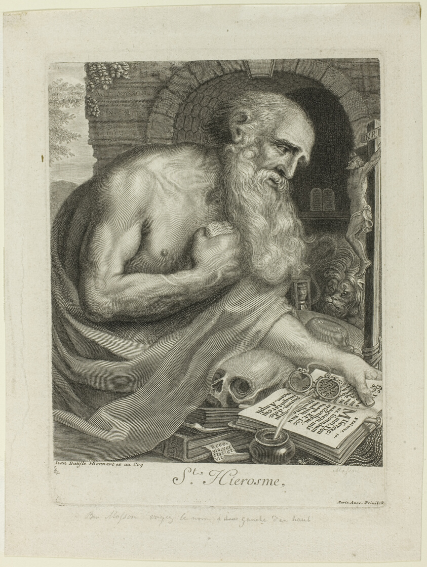 Engraving of a old man with a long beard, wearing only a cloth draped around one shoulder, bending over a table with books, a quill pen and ink, a skull, and glasses. The man looks at a small crucifix with a figure of Jesus.