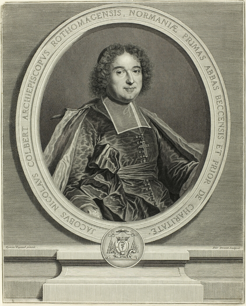 Portrait in black ink of a light-skinned, clean shaven man in religious costume with dark curly hair and a cross around his neck. He is framed by an oval that contains his name and title in Latin text.