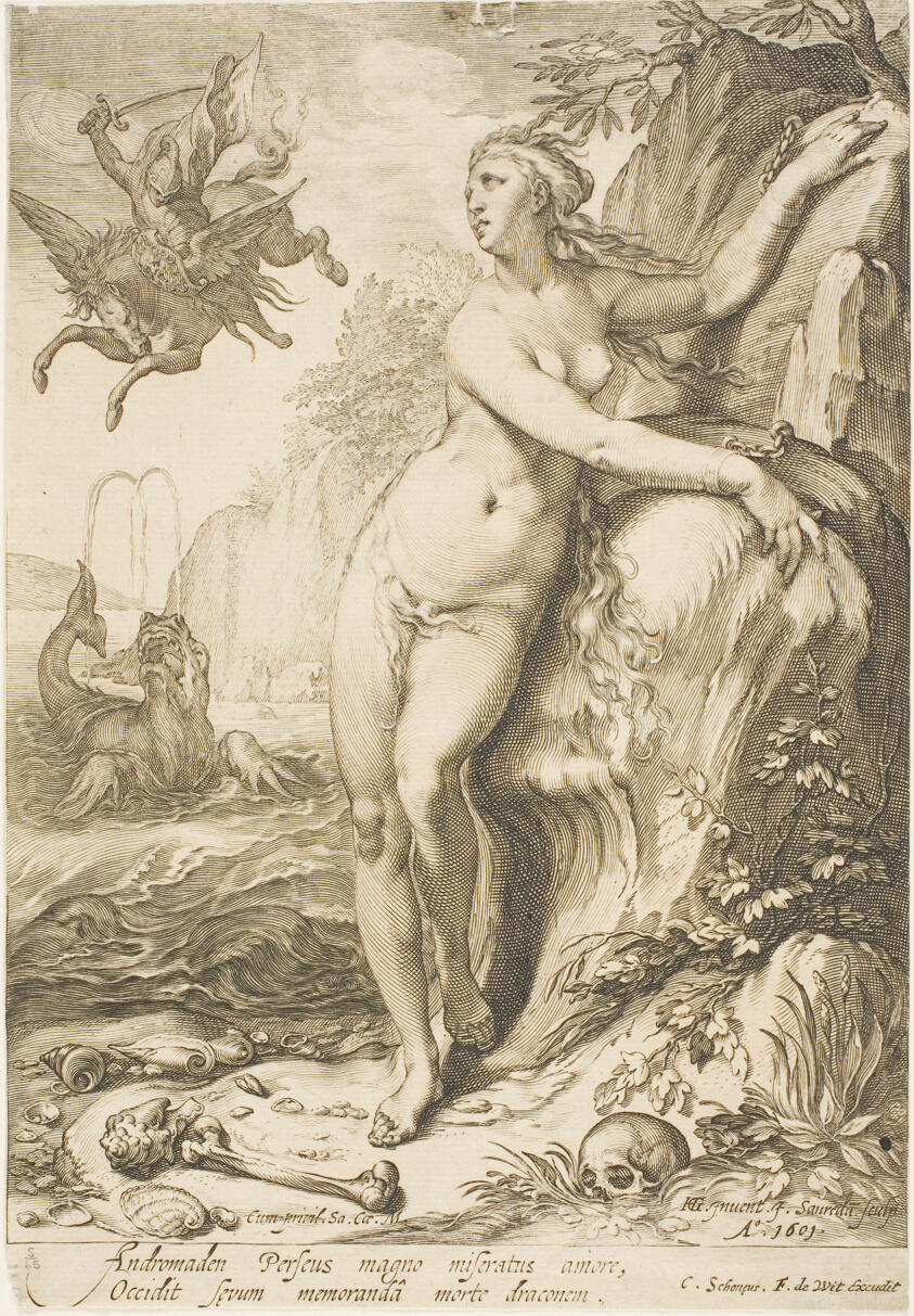 Engraving of a nude woman with her wrists chained to a rock. At her feet lie human bones, including a skull, and in the background a man in amour rides a flying horse, holding a sword.
