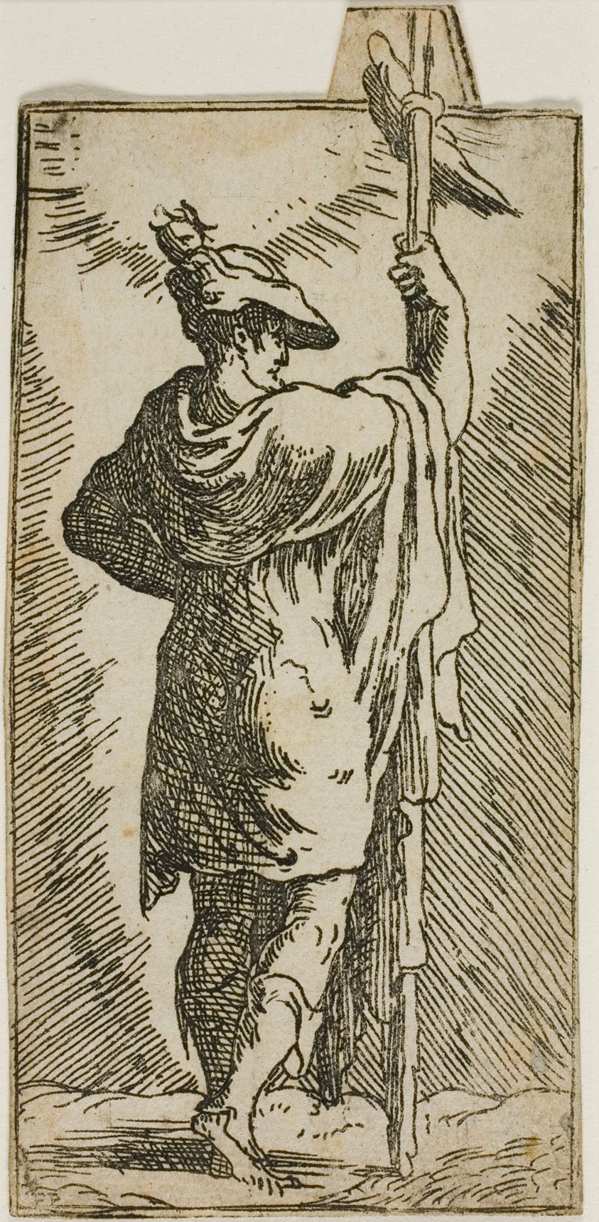 Etching of a strong male figure with their face in profile, wearing a cloak and hat and grasping a very tall staff.