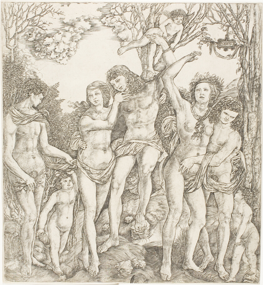 Five young adult figures sparingly draped in loose fabric and two nude toddler-aged males frolic in a woodland scene. A winged Cupid flies above the group.