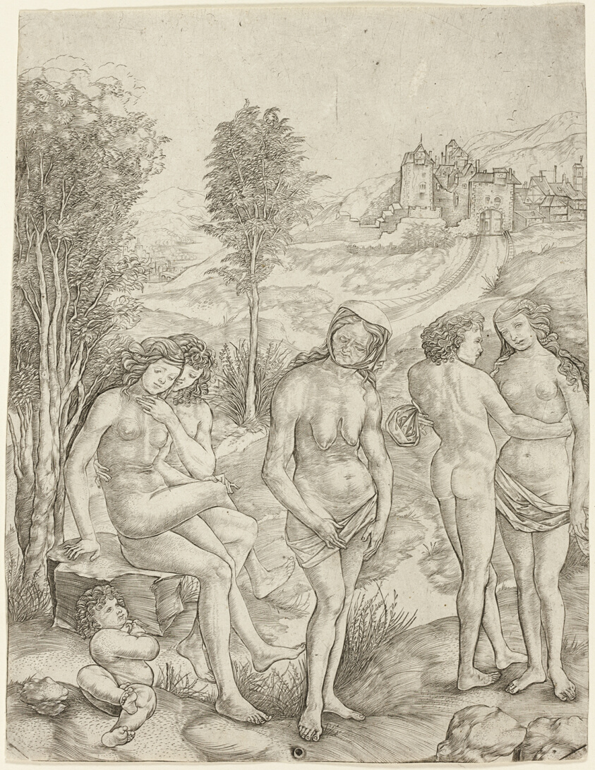Print in black ink of five nude people in an outdoor rural setting. An older woman with a wrinkled face and sagging breasts faces the viewer at center, her gaze cast downward. She is flanked by two younger couples: one on the left in a seated embrace and another on the right in a standing embrace. A cupid at bottom left looks on.
