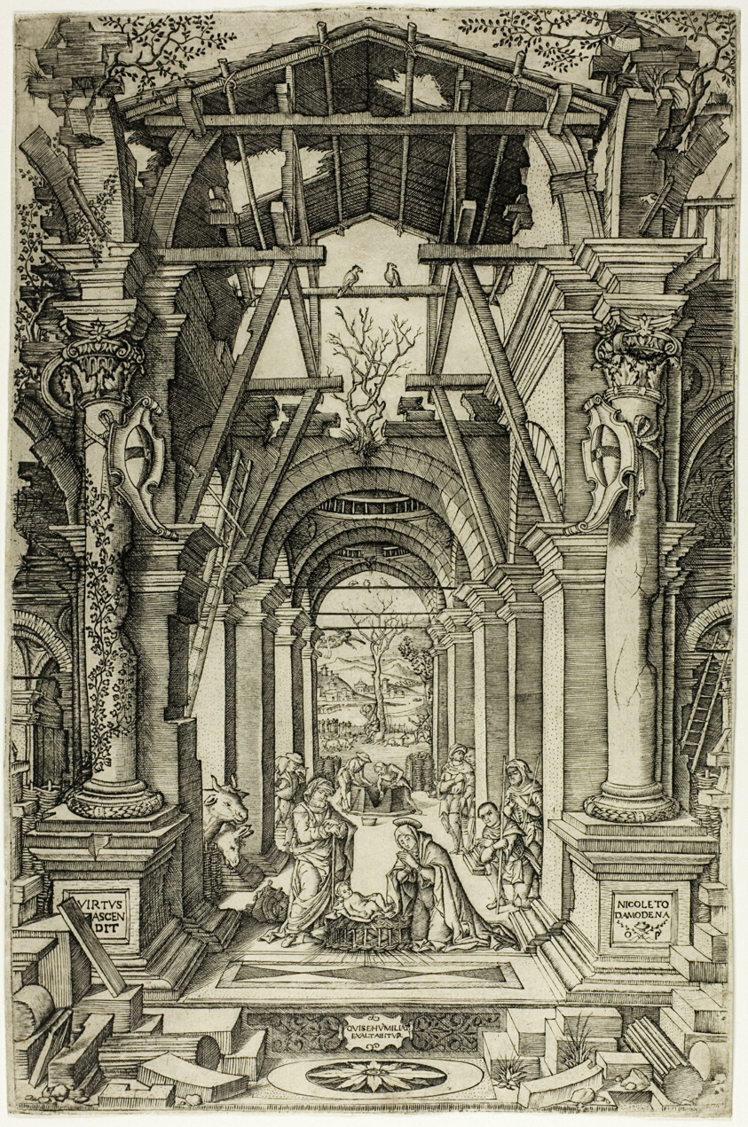 Engraving of a decaying classical structure. Wooden scaffolding is exposed, and the ceiling is gone. A pair of small birds sits perched on a high beam. Beneath them are various people and animals depicting the Nativity, including a man and a woman with a head covering tending to a baby at center.
