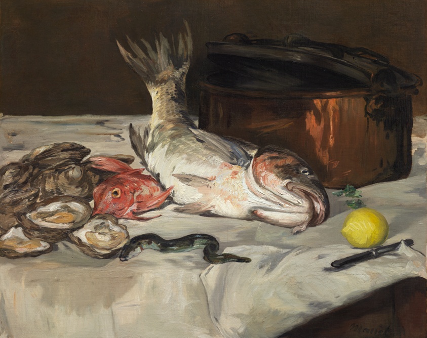 Still-life painting, fish, open oysters, eel, lemon on tablecloth.