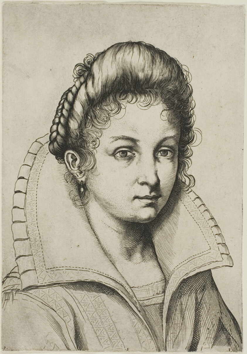 Engraving of a woman with a wide collar and an intricately braided hairstyle, curls framing her face.