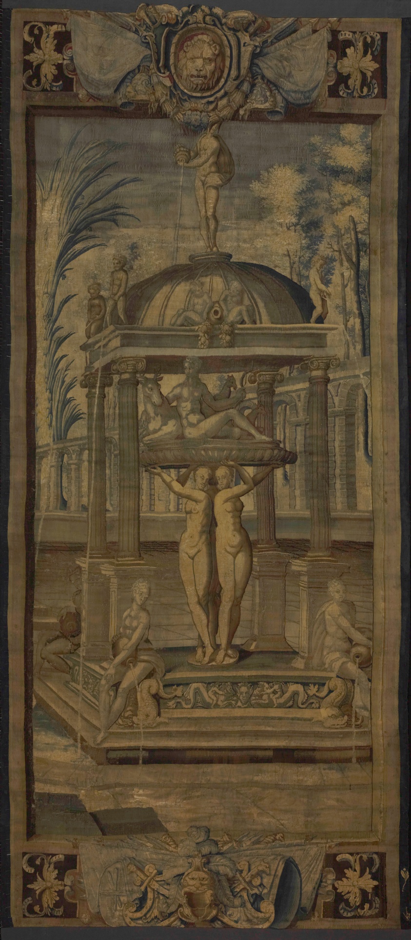A tapestry depicting a fountain that features two nude females holding a platform on which another nude female lies, her arm around a moose.