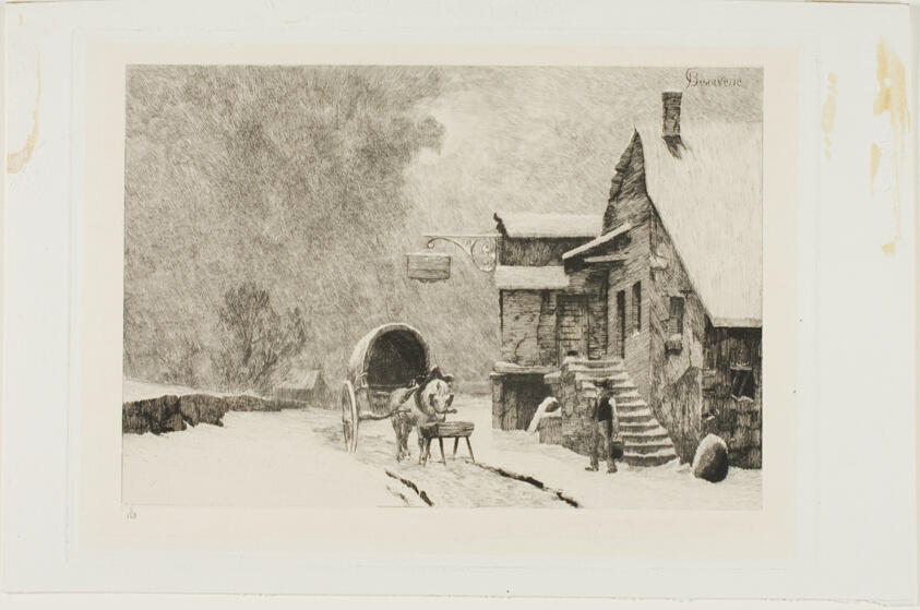 Etching of a snowy landscape with a horse-drawn carriage stopped on a path next to a building. The horse is eating or drinking from a trough, and a man nearby holds a bucket.