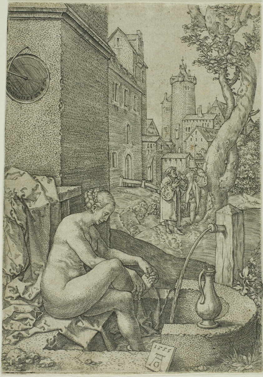 Engraving of a seated nude woman washing her feet in a small fountain, two men and town buildings behind.