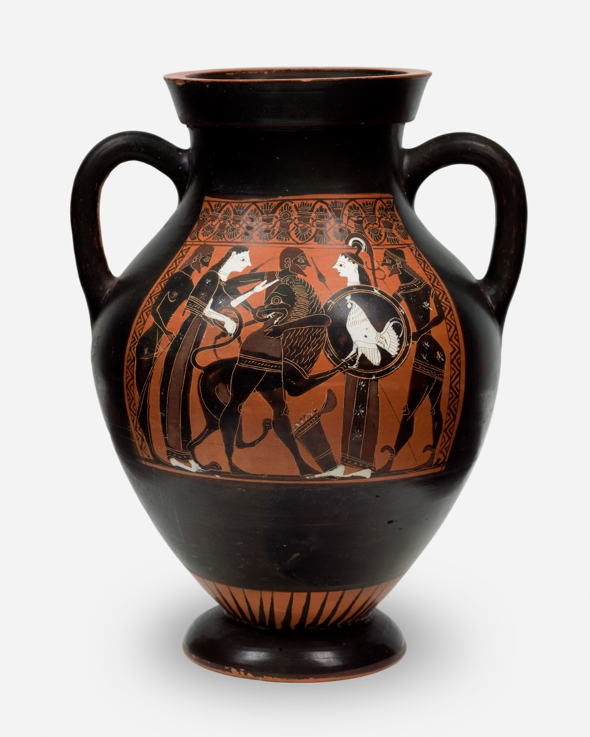 A two-handled, bulbous vessel with a painted image of five human figures, one carrying a shield. The central, bearded man holds a lion by its neck.