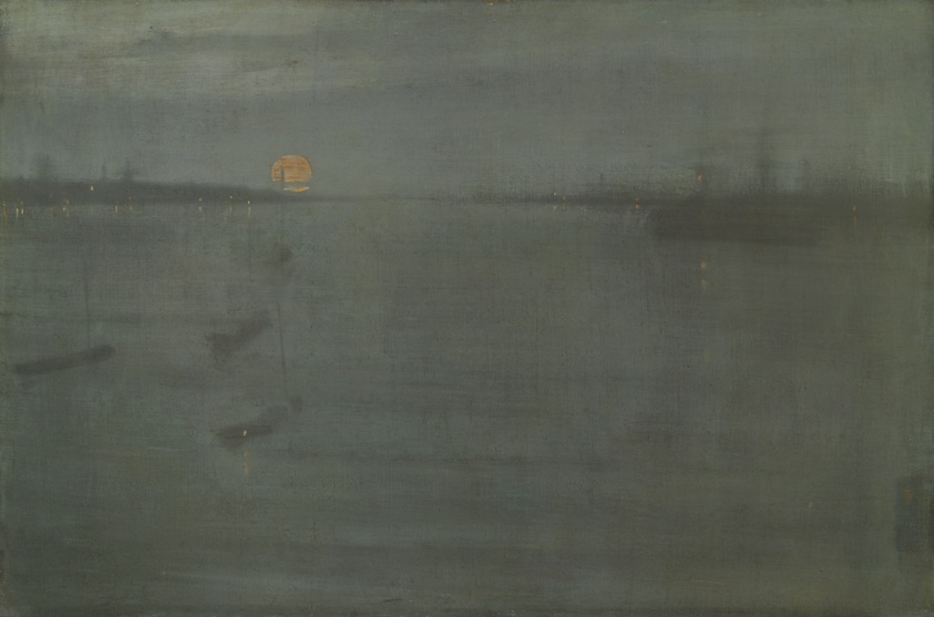 A sparsely painted waterside scene in dark tones with minimal ghostly shapes suggesting ships, yellow glitches of paint for light reflections, and the orb of an orange moon overhead.