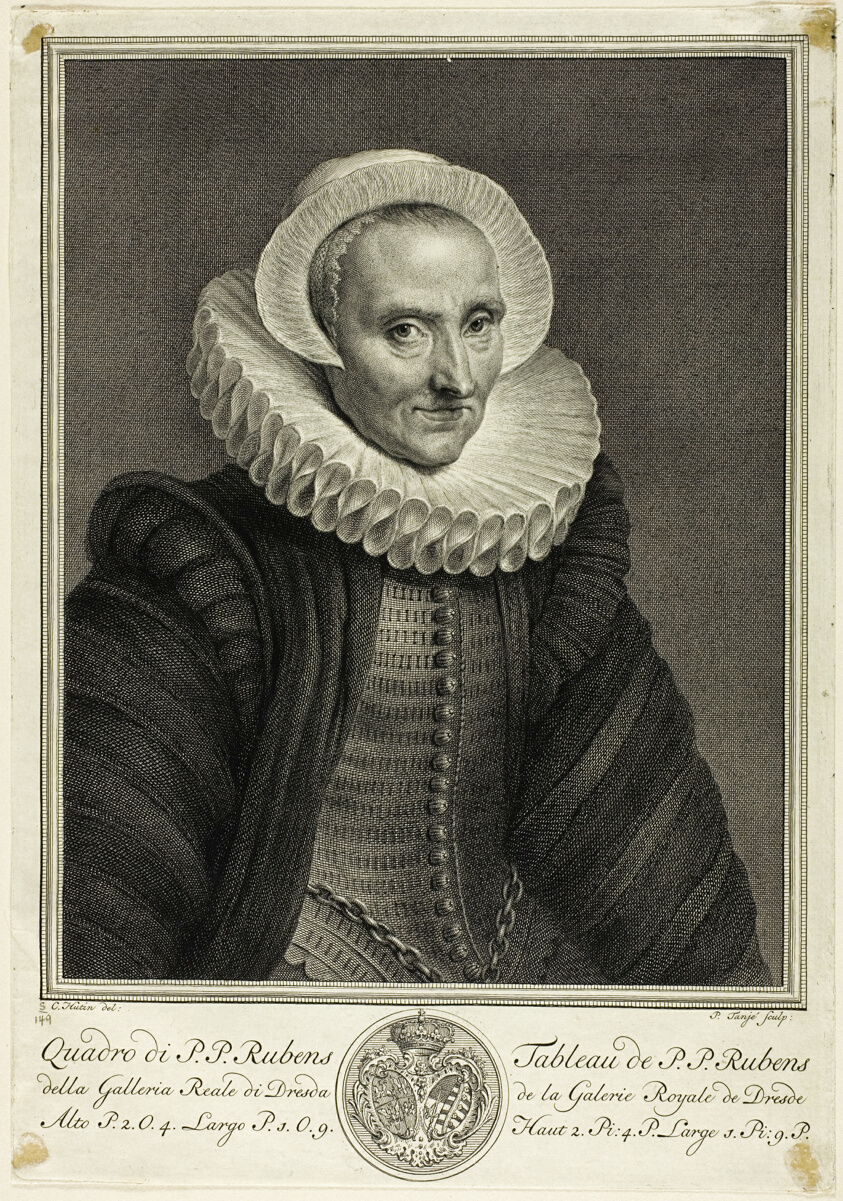 Engraving of a seated woman wearing a period fabric ruff collar that extends outward beyond her ears.