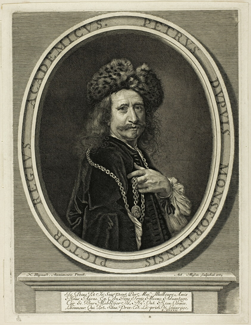 Engraving of a man with shoulder-length curly hair and flared mustache wearing a fur hat and clutching a heavy gold chain.