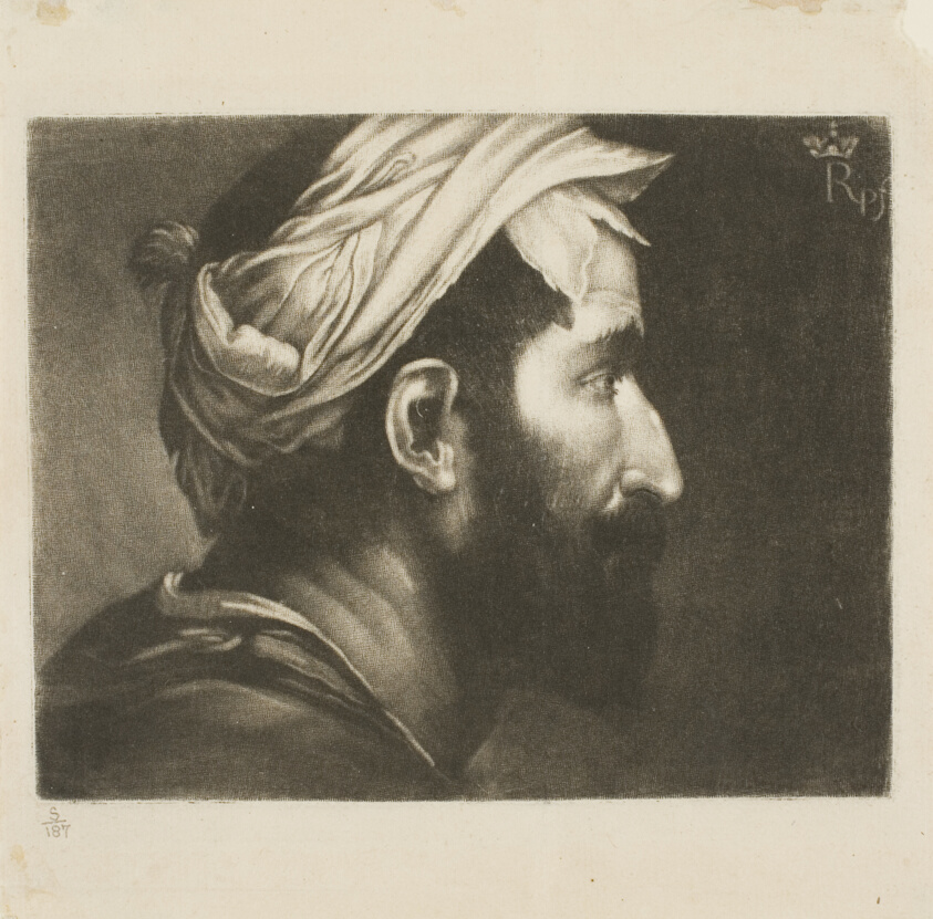 Mezzotint of a light-skinned bearded man in left profile wearing a twisted band of fabric wrapped around his head.