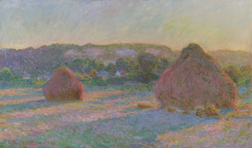 Painting composed of short, dense brushstrokes depicts two domed stacks of wheat that cast long shadows on a field. The angled light indicates either a rising or setting sun.