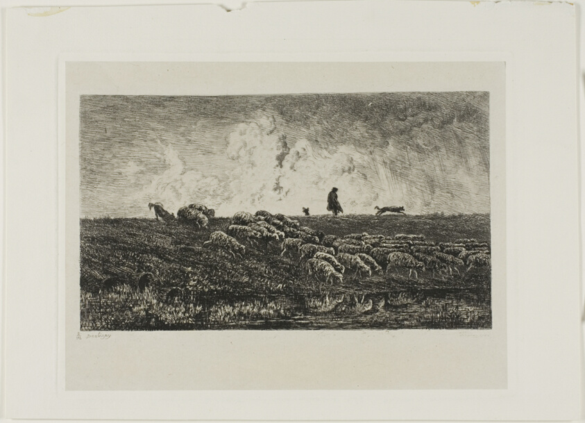 Etching of a herd of sheep on a bank approaching water in the foreground as rain begins to fall, a man and dog behind them.