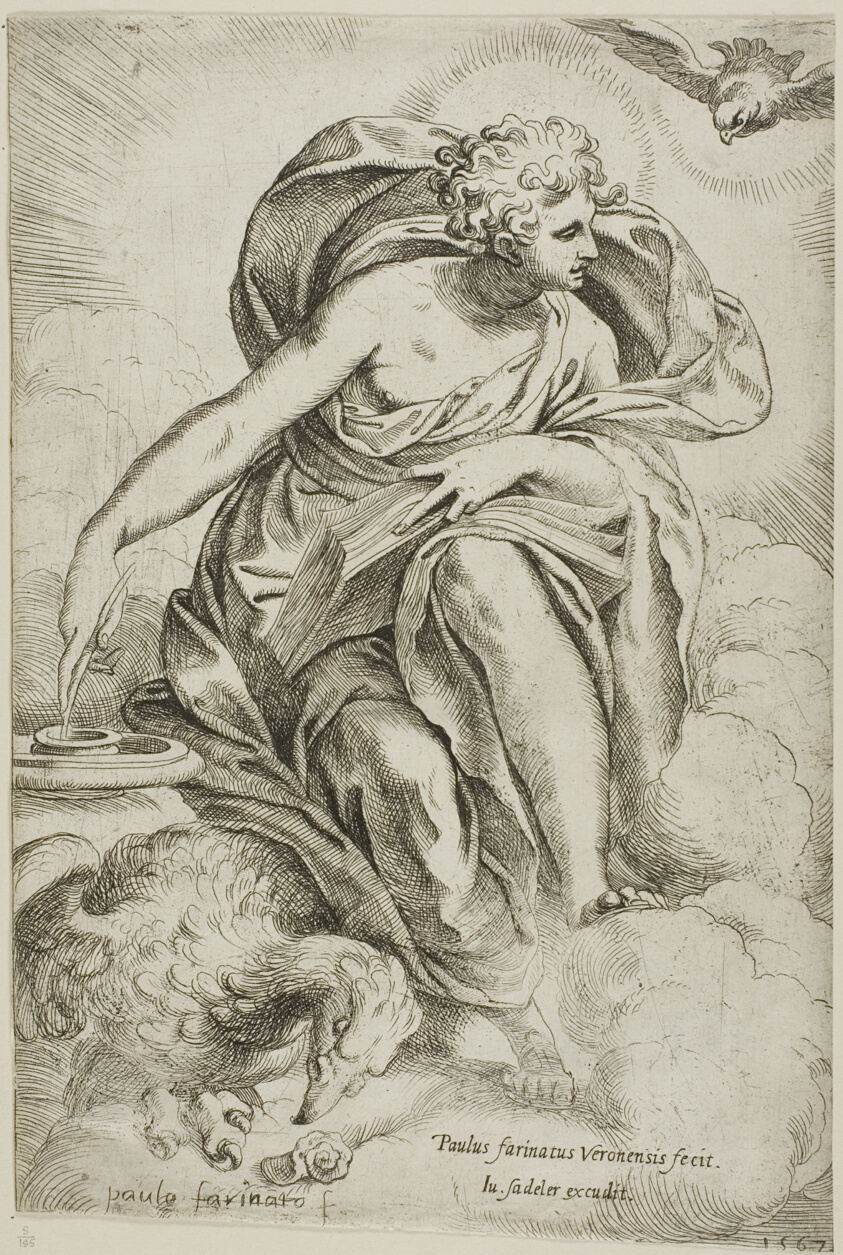 Etching of a male figure with a halo, wearing elaborate drapery, a book open on his knee and dipping a pen into ink. A dove flies in the upper-right corner, and an eagle sits in the lower left.